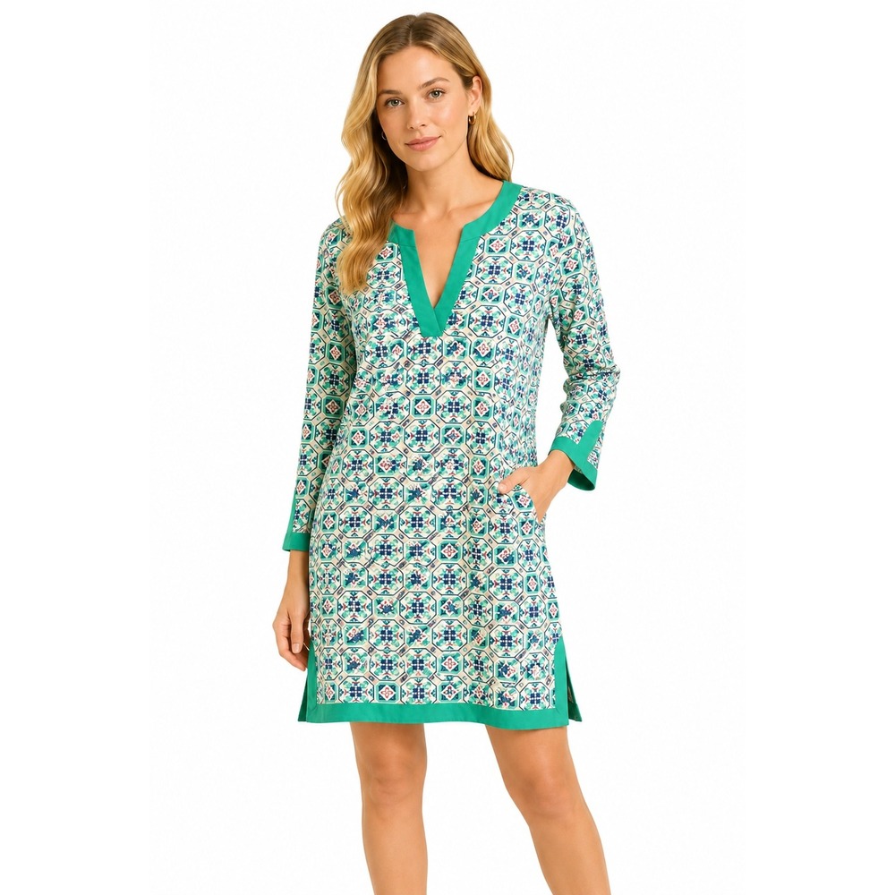 Aqua et Sol Tunic Dress L Green Geometric V Neck 3/4 Sleeve Resort Womens